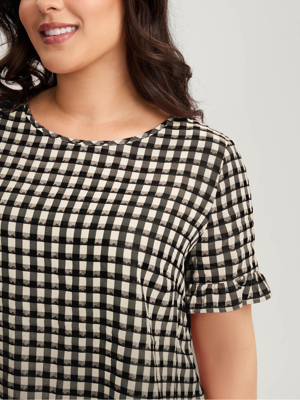 BloomChic Black & White Gingham Ruffle Button-Back Top - Picture 4 of 7